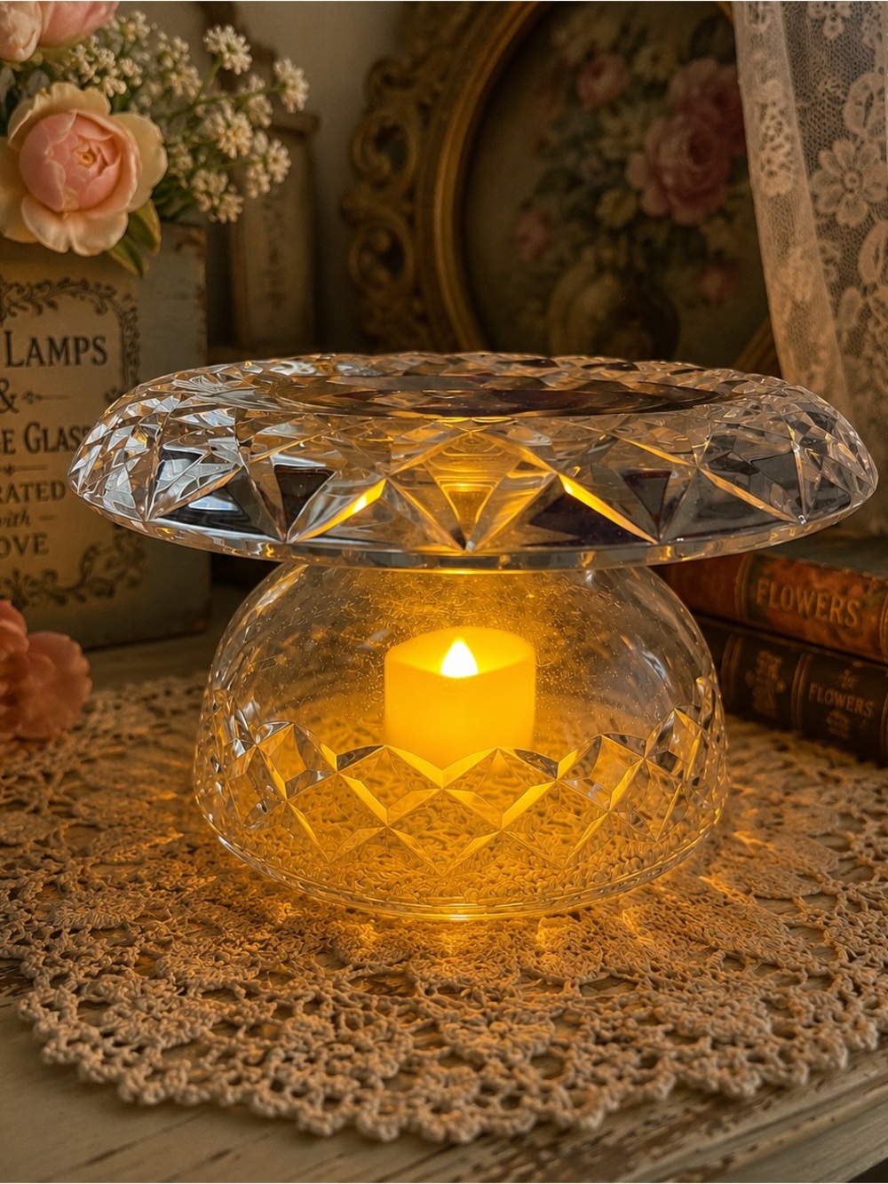Vintage Crystal Glass Compote Fairy Lamp | Inverted Pedestal Bowl